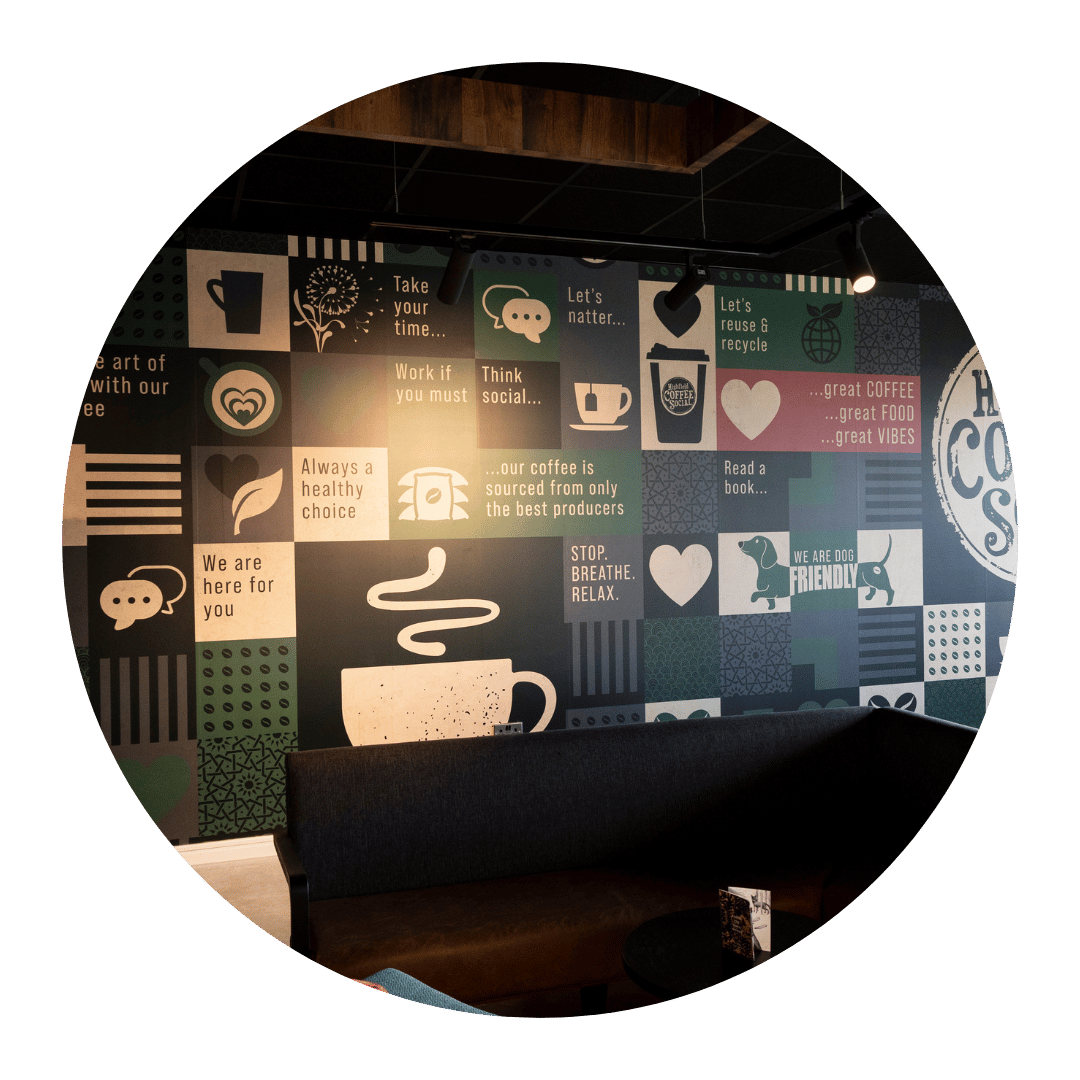 Highfield Coffee Social Doncaster wall graphics wall vinyl. Manufactured and installed by Visual Group